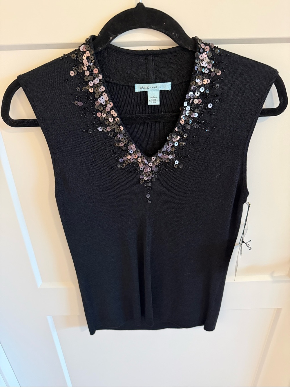 Think Tank 100% Silk Tussah Sweater Vest Womens L Black Sequin Embellished NWT